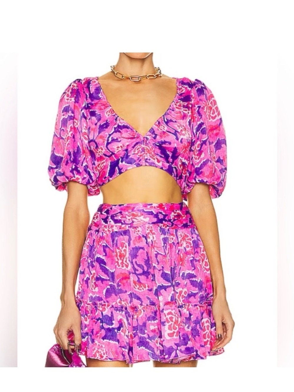 Rococo Sand Pink & Purple Floral Puff-Sleeve Crop Top